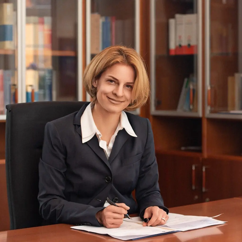 Business Portrait einer Frau im Büro, sitzend am Schreibtisch mit Unterlagen, fotografiert von Ulrich Roth