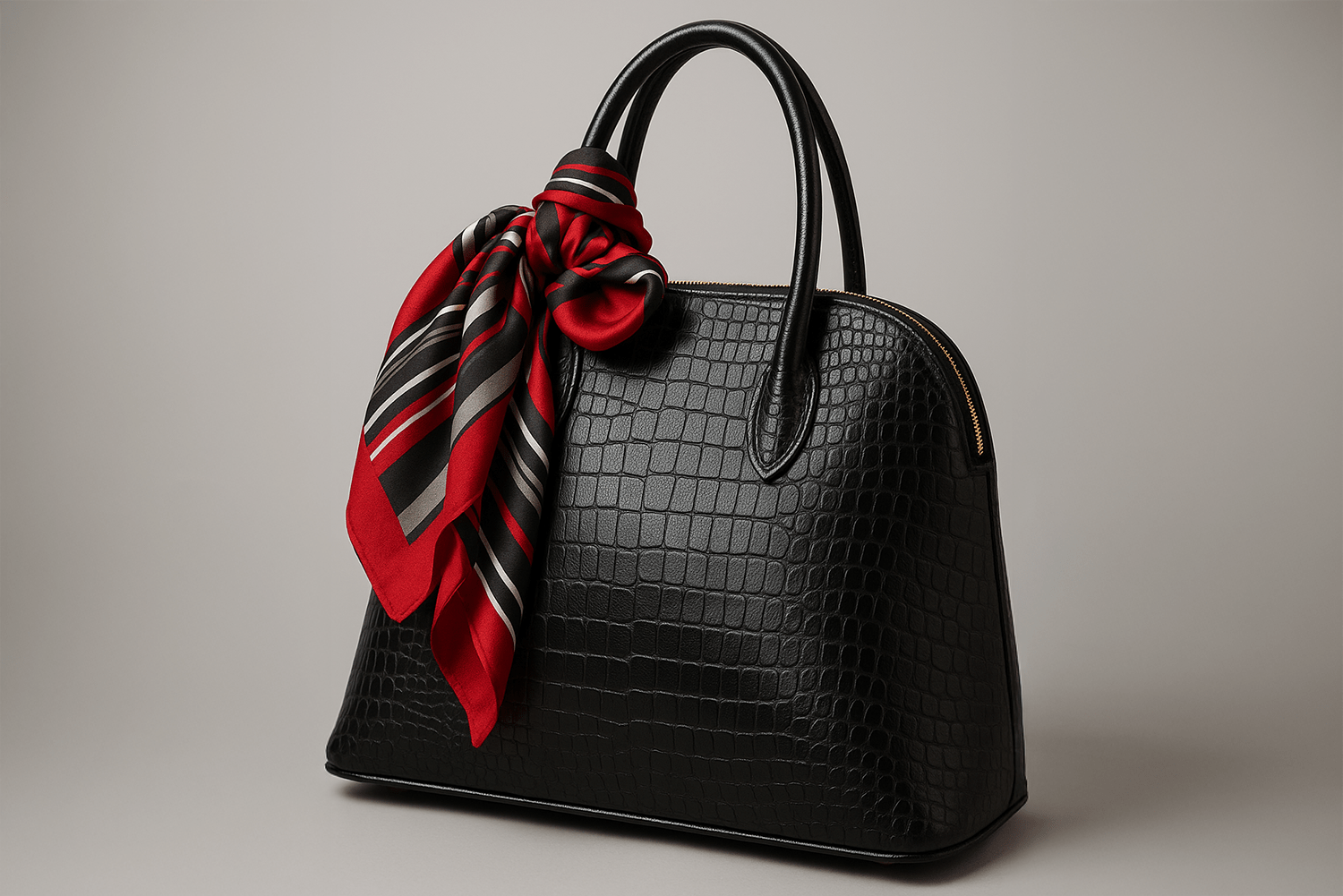 Detailaufnahme einer schwarzen Lederhandtasche mit Krokoprägung und rotem Seidentuch am Henkel – professionelle Produktfotografie Beispiel.