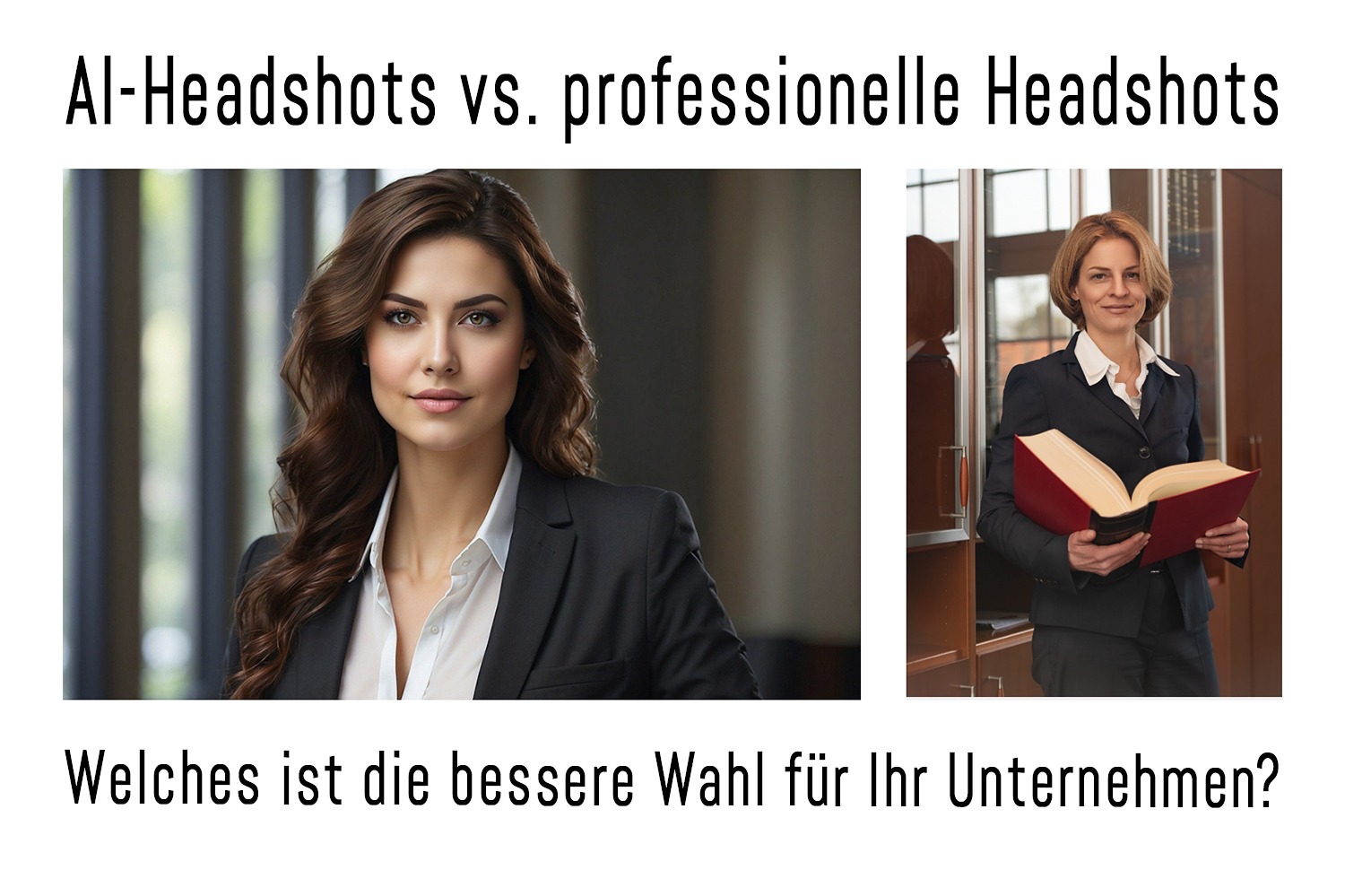 Vergleich zwischen KI-generiertem Business-Porträt und echtem professionellen Headshot einer Frau im Business-Outfit