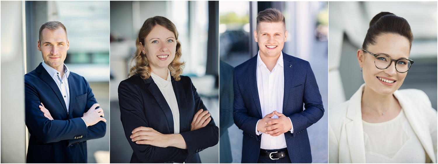 Vier professionelle Businessportraits von Frauen und Männern in moderner Businesskleidung, fotografiert von Ulrich Roth in der Rhein-Neckar-Region.