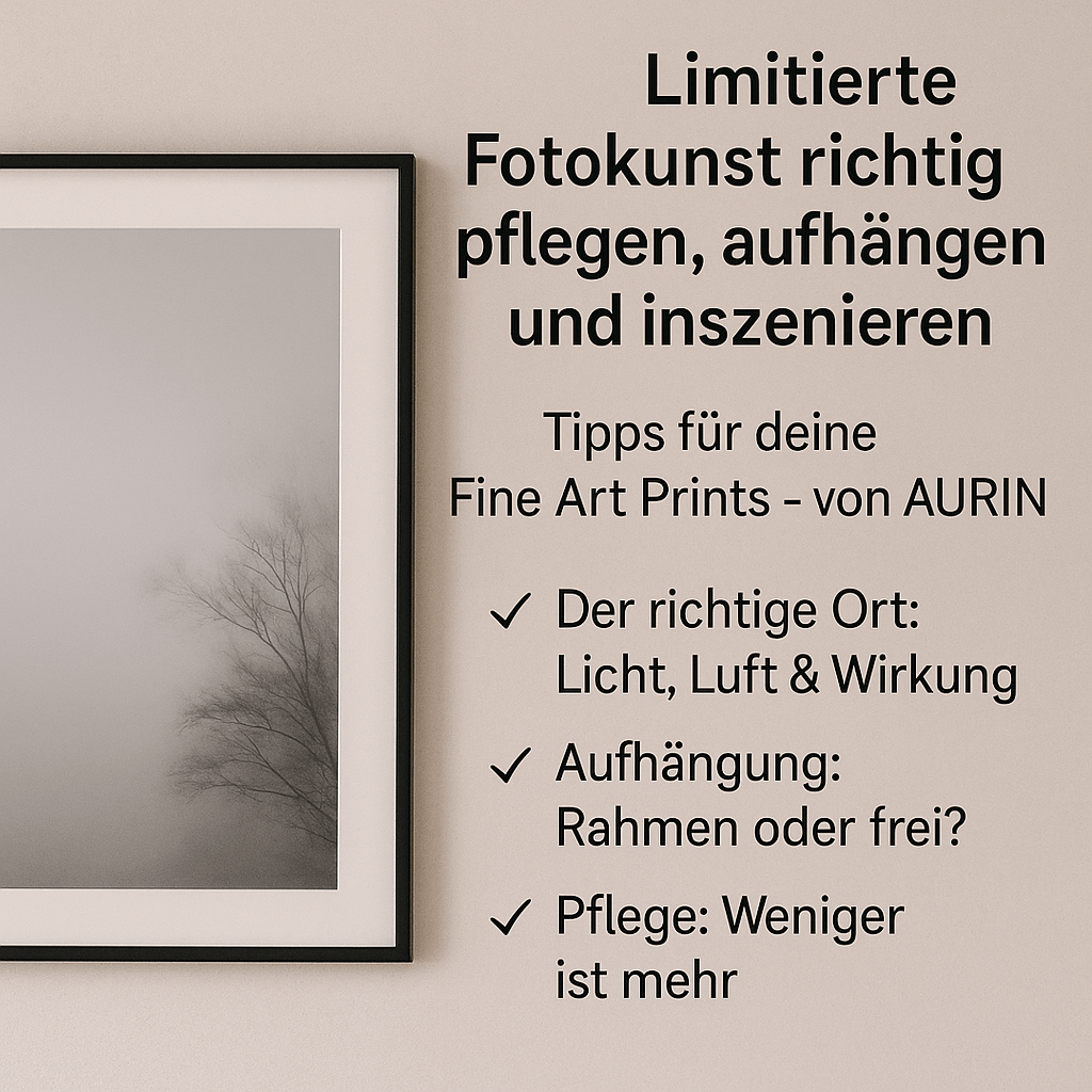 „Rahmenbild mit Baum im Nebel neben Tipps zur Präsentation limitierter Fotokunst.“