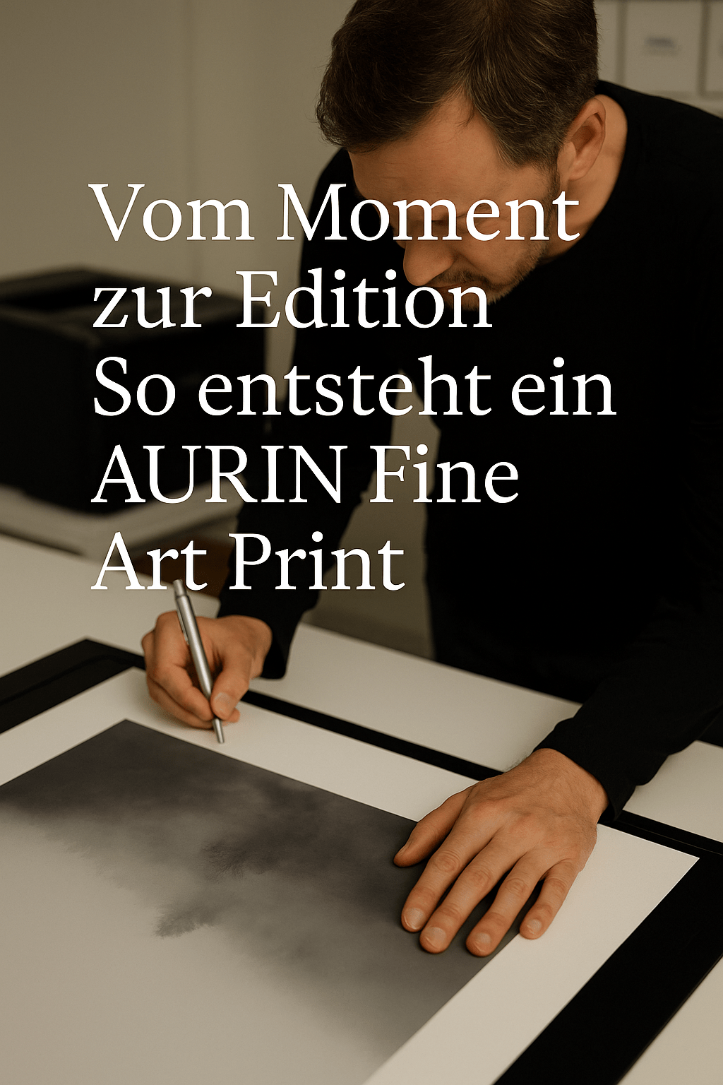„Fotograf signiert Fine Art Print mit Text: Vom Moment zur Edition – So entsteht ein AURIN Fine Art Print.“