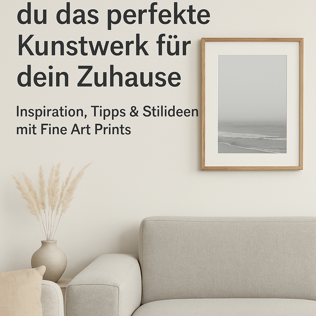 „Wohnzimmer mit Fine Art Print an der Wand und Text: Das perfekte Kunstwerk für dein Zuhause.“