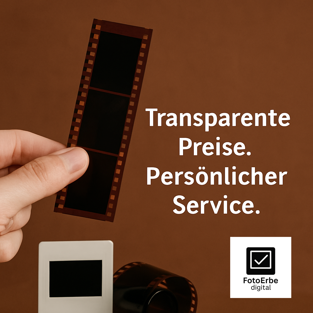 Hand hält einen 35mm-Filmstreifen. Rechts im Bild steht der Text: „Transparente Preise. Persönlicher Service.“