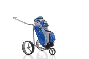 JuCad Golf Trolley mit blauer Golftasche auf weißem Hintergrund