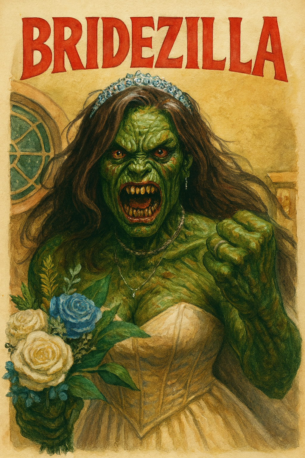 Illustration einer wütenden Braut mit grüner Haut im „Bridezilla“-Stil, die ein Hochzeitskleid trägt und einen Blumenstrauß hält.