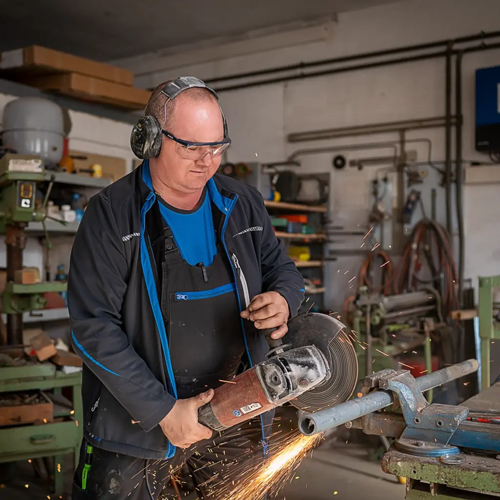 Handwerker mit Schutzbrille und Gehörschutz arbeitet mit einer Schleifmaschine an einem Metallteil in der Werkstatt, fotografiert von Ulrich Roth