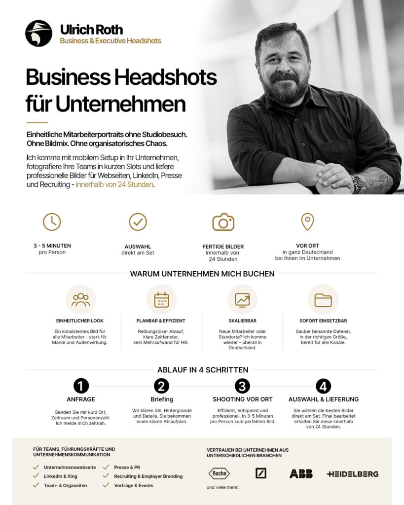 Business Headshots für Unternehmen: Infografik zu Mitarbeiterportraits vor Ort mit Ulrich Roth Fotografie