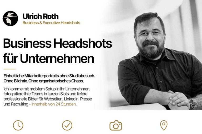 Business Headshots für Unternehmen: Infografik zu Mitarbeiterportraits vor Ort mit Ulrich Roth Fotografie