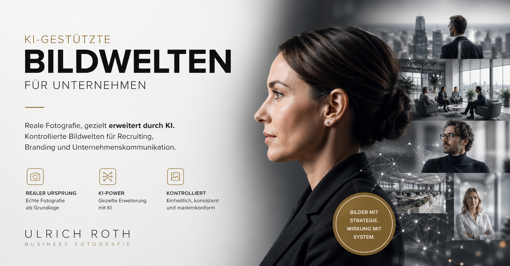 KI-gestützte Bildwelten für Unternehmen. Business-Portrait mit erweiterten visuellen Szenen für Recruiting, Branding und Unternehmenskommunikation.