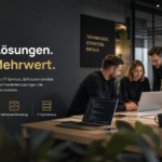 Modernes Hero-Bild für Corporate Headshots in einem IT-Unternehmen mit Team im Besprechungsraum und dunkler, hochwertiger Office-Atmosphäre