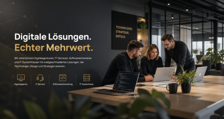 Modernes Hero-Bild für Corporate Headshots in einem IT-Unternehmen mit Team im Besprechungsraum und dunkler, hochwertiger Office-Atmosphäre
