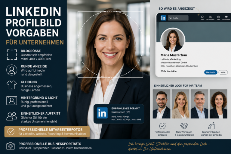 LinkedIn Profilbild Vorgaben für Unternehmen mit professionellem Businessporträt und einheitlichen Mitarbeiterfotos