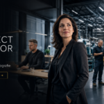 Hero-Bild des UR Project Advisor mit Executive-Portrait, Industrieproduktion und moderner Unternehmensarchitektur als Illustration der Projektplanung für Unternehmensfotografie.