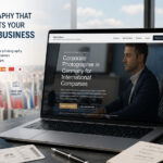 English-language website for corporate photographer Ulrich Roth on a laptop, surrounded by international flags and business travel elements.