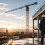 Baustelle mit Kran, Rohbau und Blick über ein Bauprojekt bei Sonnenuntergang