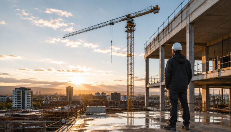 Baustelle mit Kran, Rohbau und Blick über ein Bauprojekt bei Sonnenuntergang