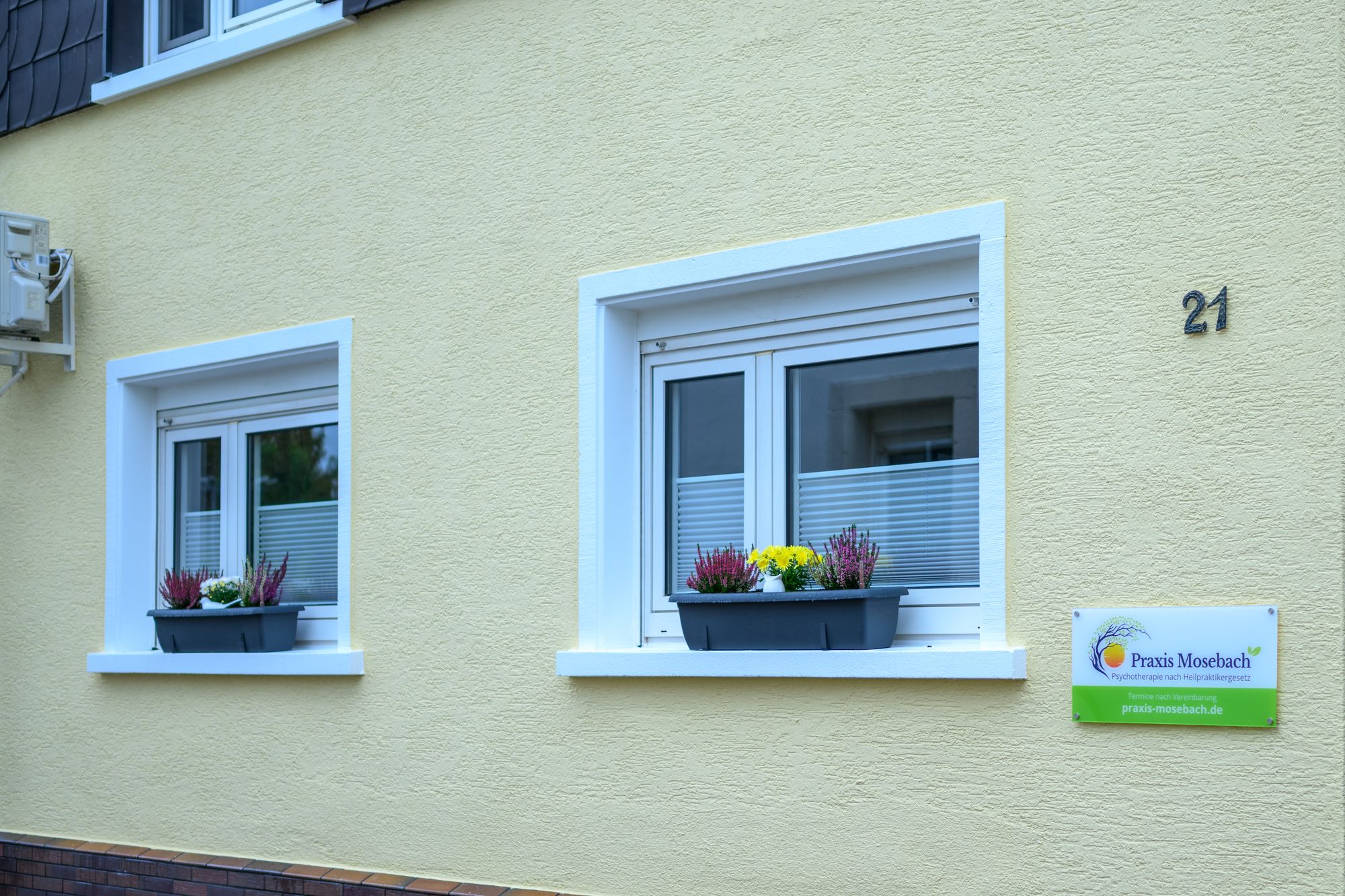 Hellgelbe Hausfassade der Praxis Mosebach in Schifferstadt mit Fenstern, Blumenkästen und Praxisschild